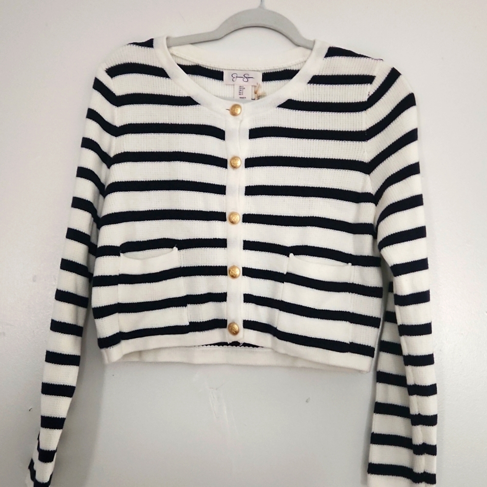 Jessica Simpson black and white stripped cropped sweater
